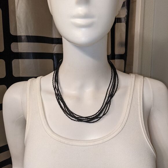 Vintage layered seed bead shiny necklace black 17" - Picture 5 of 8